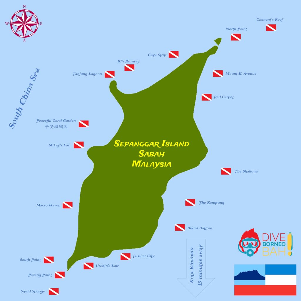 Dive Site at Sepanggar Island with the original dive centre diving at Sepanggar Island.